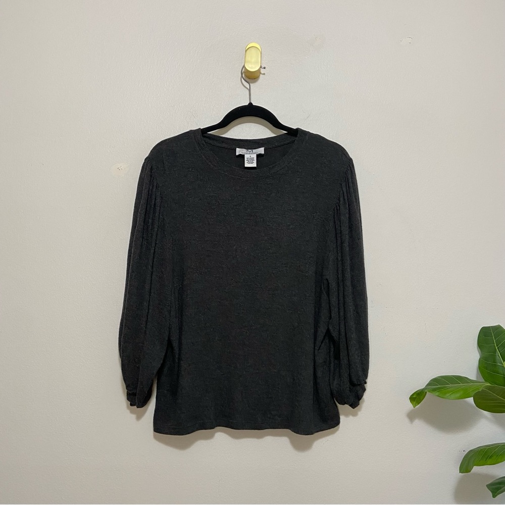 Magaschoni Dark Gray Balloon Sleeve Crewneck Lightweight Sweater Top